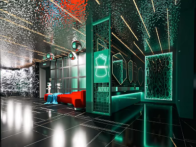 Modern Elegant Public Toilet Design With Neon Lights Green Partitions Black Floors And Red Sofa 3d model