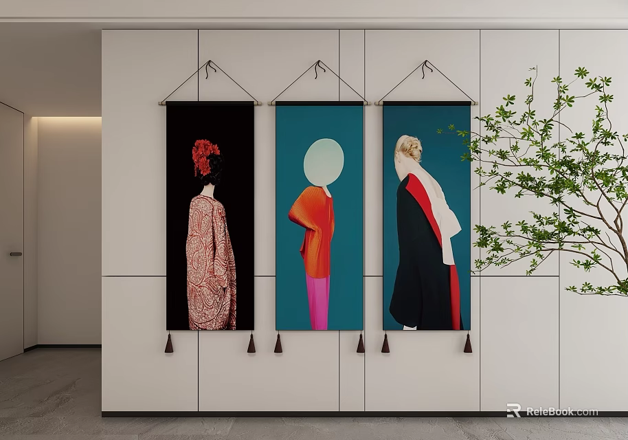 Three Colorful Abstract Paintings With Stylized Figures On Modern Interior Wall 3d model 
