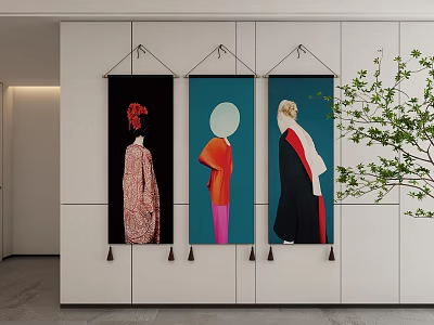 Three Colorful Abstract Paintings With Stylized Figures On Modern Interior Wall 3d model