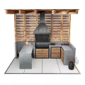 Outdoor Kitchen Cabinets With Wooden Doors Stone Countertops Grill And Black Range Hood