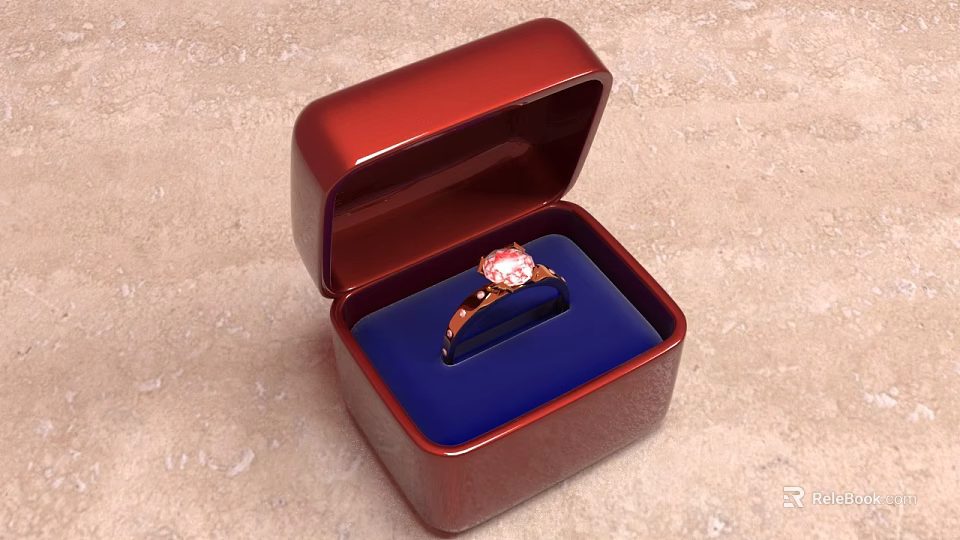 Elegant Red Jewelry Box With Blue Cushion Holding Pink Gemstone Ring 3d model 