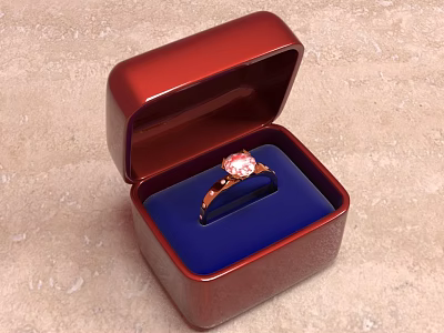 Elegant Red Jewelry Box With Blue Cushion Holding Pink Gemstone Ring 3d model