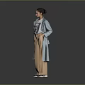 Kid Standing In Gray Background Wearing Light Blue Coat And Beige Pants