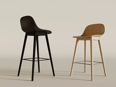 Modern Stylish Bar Stools In Black And Light Wood With Slim Legs Design 3d model