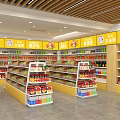 Supermarket Store Interior With Shelves Stocked With Beverages Food Items And Yellow Signage