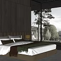 Modern Bedroom With Wooden Panel Walls King Size Bed Hanging Lights And Floor Windows