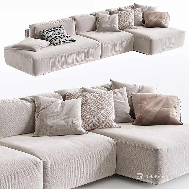 Modern Beige Sectional Sofa With Multiple Decorative Pillows And Soft Upholstered Fabric 3d model