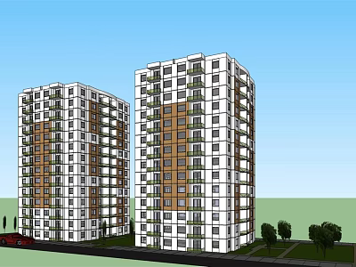 Modern High Rise Residential Buildings Exterior With Balconies Trees And Road 3d model