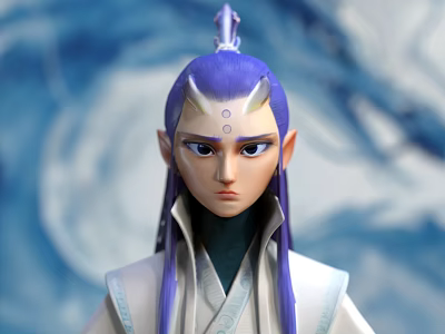Intricate Sculpture Carving With Blue Purple Hair Horns Traditional Costume on Blue Background 3d model