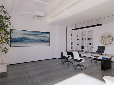 Modern Office Interior Design With Desk Chairs Landscape Painting Potted Plant Shelves And Lighting 3d model