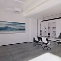 Modern Office Interior Design With Desk Chairs Landscape Painting Potted Plant Shelves And Lighting