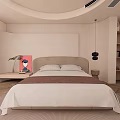 Modern Minimalist Bedroom Interior With Large Bed Herringbone Flooring Curved Ceiling And Niche Bookshelf