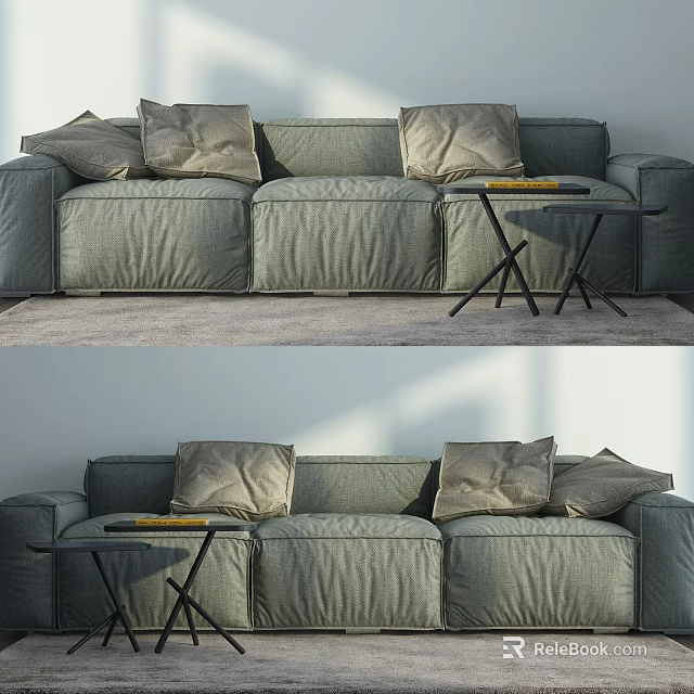 Gray Linen Three Seater Sofa With Plush Cushions And Small Side Table 3d model