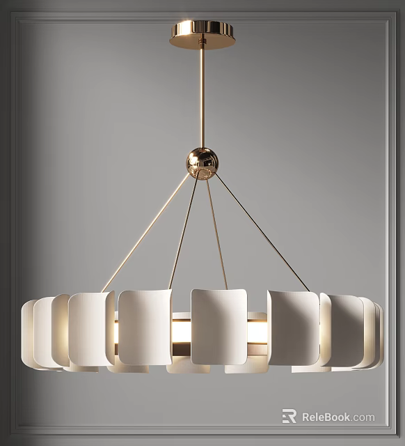 Modern Chandelier with White Cylindrical Shades and Golden Circular Frame Design 3d model 