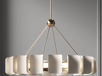Modern Chandelier with White Cylindrical Shades and Golden Circular Frame Design 3d model