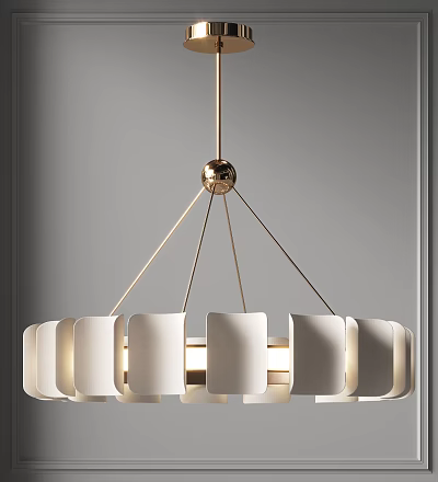 Modern Chandelier with White Cylindrical Shades and Golden Circular Frame Design 3d model