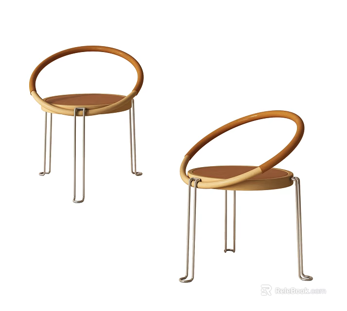 Modern Minimalist Dining Chairs With Wooden Seat And Round Metal Legs Design 3d model 