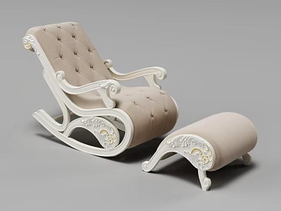 Elegant Beige Rocking Chair With Carved White Wooden Frame and Matching Ottoman 3d model