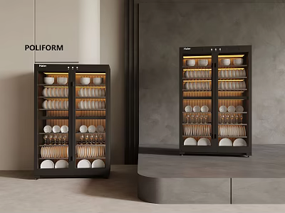 POLIFORM Black Glass Door Display Cabinets With Cups And Plates Storage 3d model