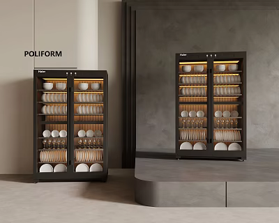 POLIFORM Black Glass Door Display Cabinets With Cups And Plates Storage 3d model