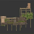 Rustic Outdoor Structure With Wooden Platforms Stone Walls And Lush Plants