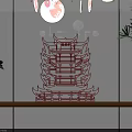Chinese Decorative Ornament Combination With Red Tower Black Birds On Wooden Shelf And Green Plant