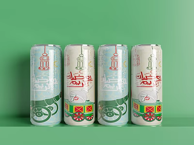 Four White Beverage Cans Featuring Red Green Decorative Arabic Script And Ornate Patterns 3d model