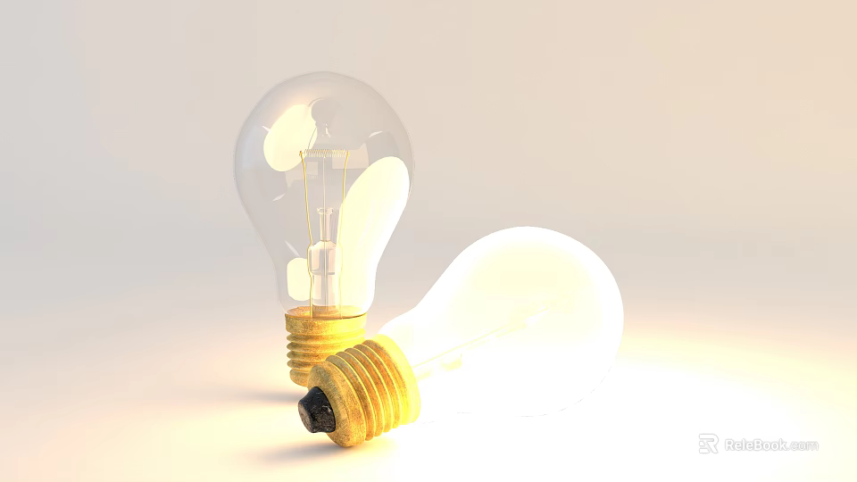 Two Transparent Incandescent Light Bulbs With Golden Bases Standing And Leaning 3d model 