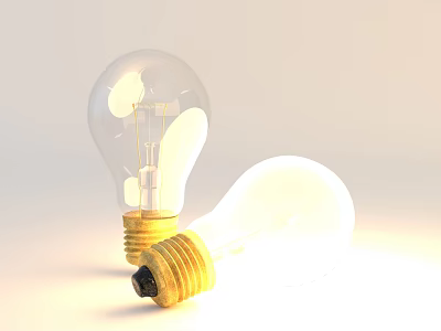 Two Transparent Incandescent Light Bulbs With Golden Bases Standing And Leaning 3d model