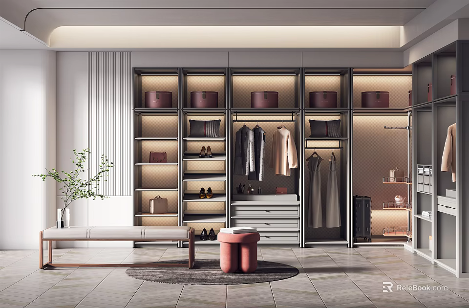 Modern Elegant Walk-in Closet Design With Cabinets Hanging Area Drawers Shoes Bags Bench And Plant 3d model 