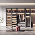 Modern Elegant Walk-in Closet Design With Cabinets Hanging Area Drawers Shoes Bags Bench And Plant