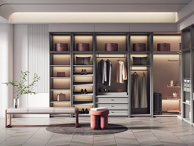 Modern Elegant Walk-in Closet Design With Cabinets Hanging Area Drawers Shoes Bags Bench And Plant 3d model