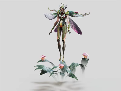 Ethereal Fairy Character With Green Purple Wings And Nature Plants Mushrooms 3d model