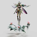 Ethereal Fairy Character With Green Purple Wings And Nature Plants Mushrooms