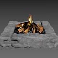 Square Stone Fire Pit With Burning Wood Logs And Flames 3d model