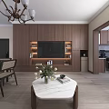 Warm Modern Living And Dining Room With Orange Sofa Marble Coffee Table And Wood Accents