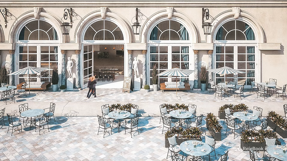 Elegant Storefront Featuring Arched Windows Decorative Lamps And Outdoor Seating With Tables Chairs And Umbrellas 3d model 