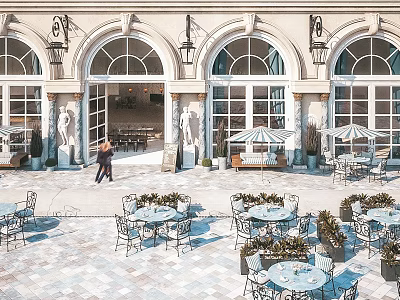 Elegant Storefront Featuring Arched Windows Decorative Lamps And Outdoor Seating With Tables Chairs And Umbrellas 3d model