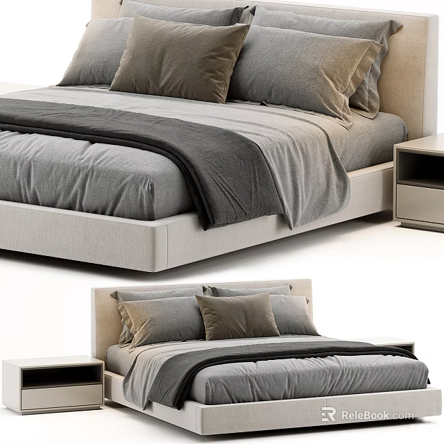 Modern Double Bed With Gray Bedding Soft Pillows Upholstered Headboard And Nightstand 3d model 