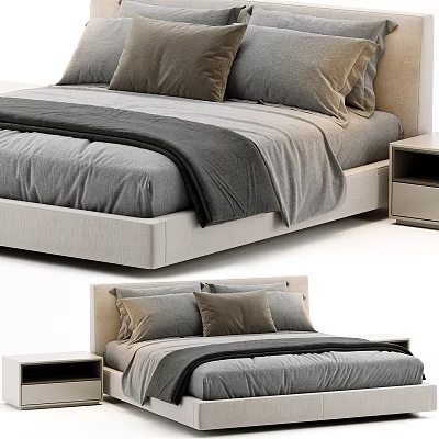 Modern Double Bed With Gray Bedding Soft Pillows Upholstered Headboard And Nightstand 3d model