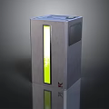 Modern Gray Cube Shaped Device Design With Green Vertical Light Strip And Transparent Window