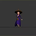 Game And Movie Character Witch With Purple Dress Large Hat Holding Lantern On Brick Ground
