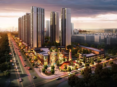 Modern High Rise Residential District With Commercial Complex And Busy Road At Dusk 3d model