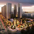 Modern High Rise Residential District With Commercial Complex And Busy Road At Dusk