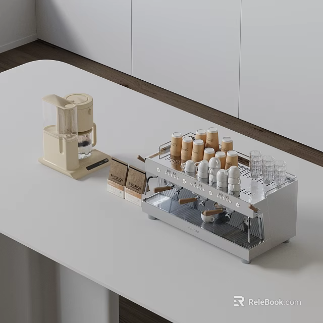 Modern Stylish Kitchen Appliances With Coffee Machine Cup Rack And Accessories 3d model