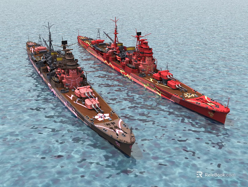 Two Military Warships Sailing On Blue Ocean With Red And Dark Hulls 3d model 