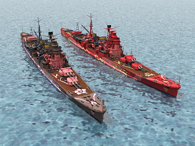 Two Military Warships Sailing On Blue Ocean With Red And Dark Hulls 3d model