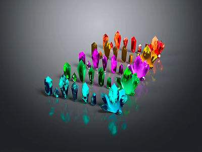 Colorful Crystal Decorative Ornament Set Featuring Various Shapes Vibrant Hues and Reflections on Gray Background 3d model