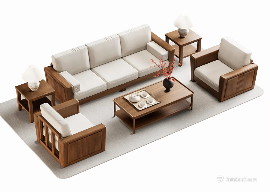 Modern Sofa And Coffee Table Set With Wooden Frame Armchairs Side Tables And Decor 3d model 