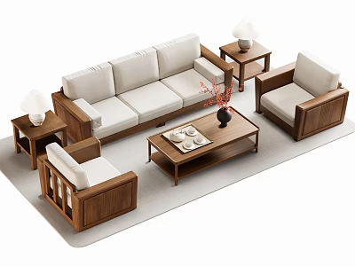 Modern Sofa And Coffee Table Set With Wooden Frame Armchairs Side Tables And Decor 3d model
